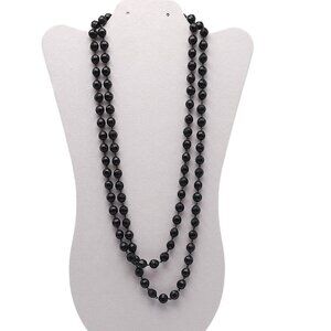 Vintage Flapper Extra Long Black Glass Faceted Beaded Necklace No Clasp 54 in